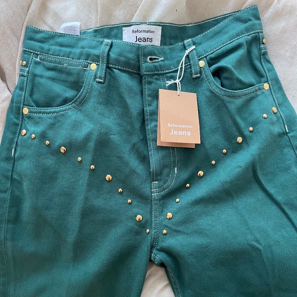 Reformation Cowboy Studded Green Jeans